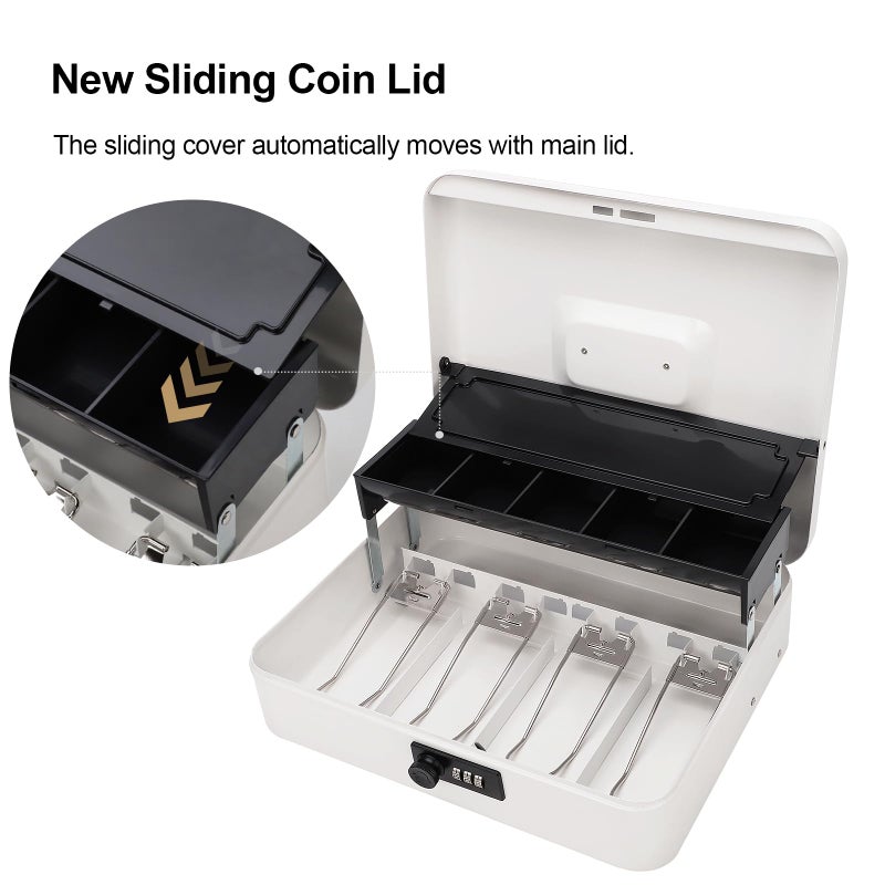 Jssmst Locking Large Metal Cash Box with Money Tray, Money Box with Combination Lock, White, SM-CB0511L - Image 2